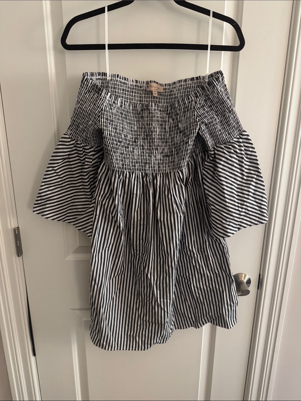 Philosophy gray and white striped off-the-shoulder sundress NWOT Size M